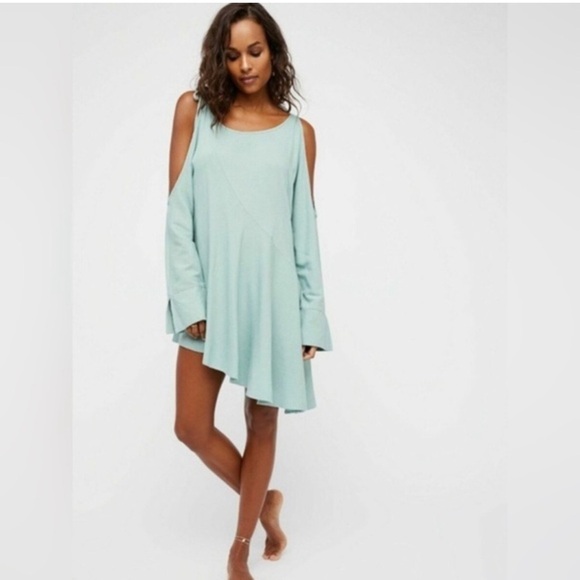 Free People Cream Tied Cold Shoulder Asymmetrical Mini Shirt Dress Women M Boho - Picture 9 of 9